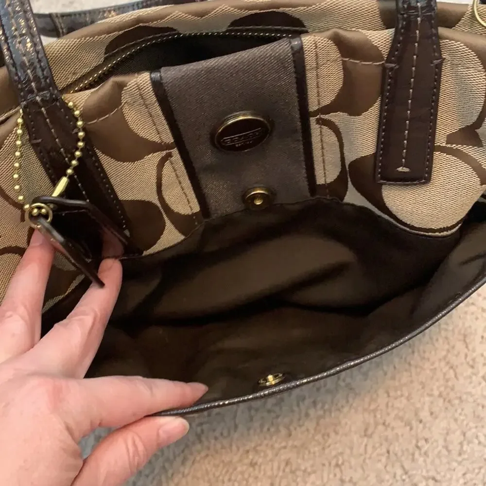 Coach Signature Canvas Jacquard Slim Shoulder Stripe Tote Bag Tan and Brown